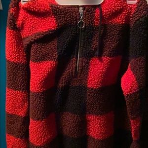 Red sweater w/ hood and half zip